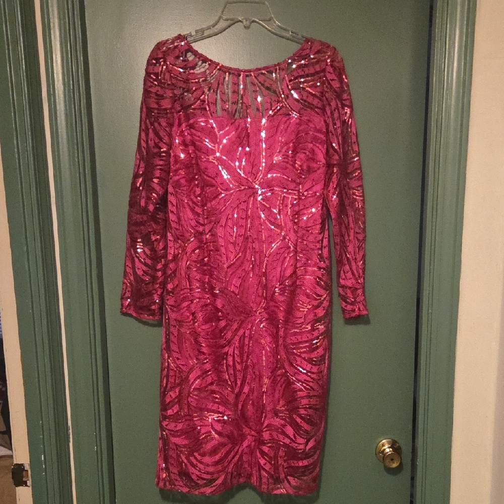 Tahari Fuchsia Sequin Long Sleeve Dress